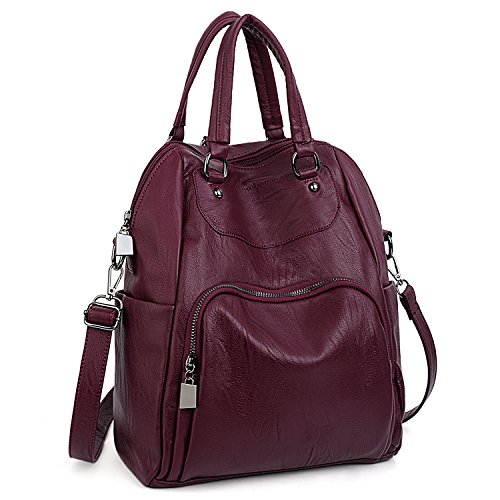 UTO - Bolso Mochila Mujer Cuero Sintético Bolso de Hombro Bolso Tote Bolso Bandolera Correa Desmontable Ajustable Burdeos