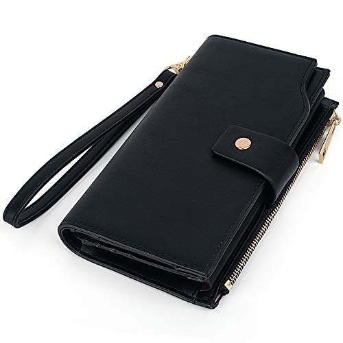 UTO - Mujer Cartera de Bloqueo de RFID PU Cuero Monedero Largo 21 Ranuras para Tarjetas Monedero Gran Capacidad Bolsillo para Móvil Negro 1