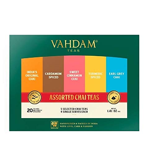 VAHDAM, surtido de té Chai 5 tés, 4 bolsitas de té de pirámide cada una (20 bolsitas de té) | Original Masala Chai de la India, dulce canela Chai, cardamomo Chai, Earl Grey Chai de India