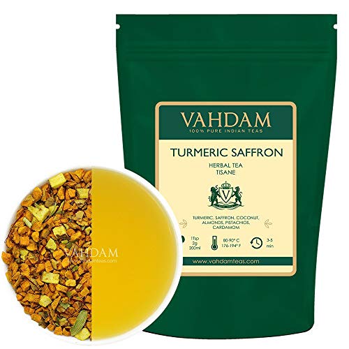 VAHDAM, té de hierbas de azafrán y cúrcuma, hojas sueltas (50 tazas) | infusiones | HIERBA MAGICA DE LA INDIA | Mezcla de té de cúrcuma | TISANA Té 100% NATURAL | 100gr | Conjunto de 2