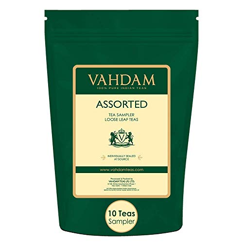 VAHDAM, Té Variado de Hojas Sueltas - 10 TÉ, 50 PORCIONES - Té negro, té verde, té Oolong, té Chai, té blanco | Caliente, Helado, Té Kombucha | Muestra de té de hojas sueltas regalo