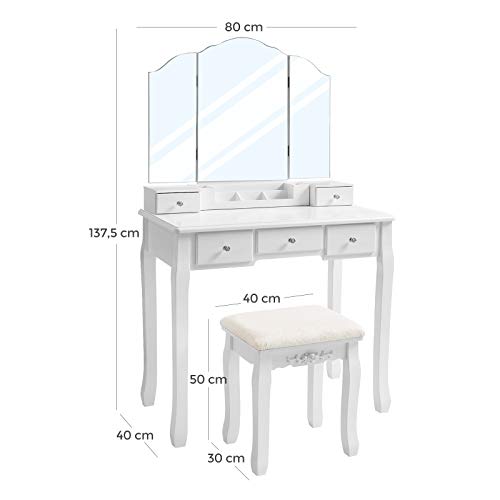 VASAGLE Tocador con 5 Cajones, Mesa de Maquillaje con 1 Taburete, Espejo Plegable de 3 Partes sin Marco, 1 Caja de Cosméticos Extraíble, Juego de Tocador, Montaje Sencillo, Blanco RDT28WT