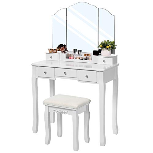 VASAGLE Tocador con 5 Cajones, Mesa de Maquillaje con 1 Taburete, Espejo Plegable de 3 Partes sin Marco, 1 Caja de Cosméticos Extraíble, Juego de Tocador, Montaje Sencillo, Blanco RDT28WT