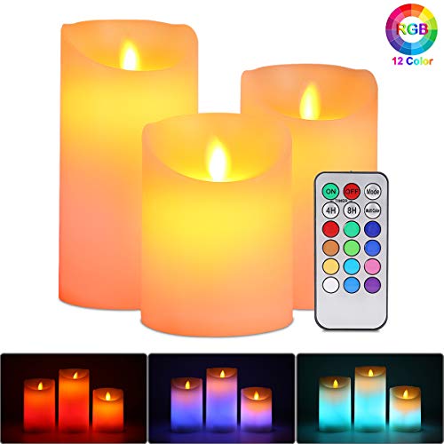 Velas de LED sin Llama, ALED LIGHT Pack de 3 Blanco Cálido más Multicolores Velas Electricas de Cera Reales con Mando a Distancia y Temporizador Velas Decorativas de pilas para Decoración, Bodas