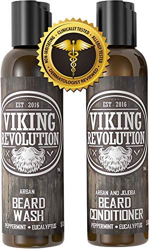 Viking Revolution set de Champú y Acondicionador con Aceites de Argán y Jojoba-, Suaviza y fortalece el crecimiento de la barba – 100% Natural - Champú para barba con Aceite de Menta y Eucalipto 5 oz