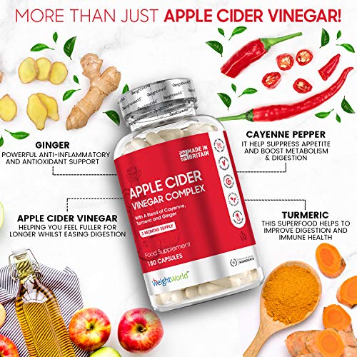 Vinagre de Sidra de Manzana 1000mg 180 Cápsulas - Suplemento Para Perder Peso, Con Cúrcuma, Jengibre y Pimienta de Cayena, Mejora Digestión, Quemagrasas Natural, Para Adelgazar Dieta Keto, Vegano