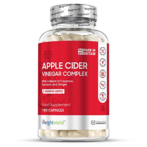 Vinagre de Sidra de Manzana 1000mg 180 Cápsulas - Suplemento Para Perder Peso, Con Cúrcuma, Jengibre y Pimienta de Cayena, Mejora Digestión, Quemagrasas Natural, Para Adelgazar Dieta Keto, Vegano