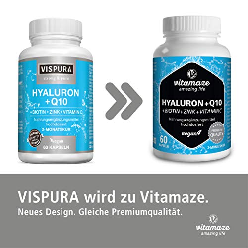 VISPURA® Ácido Hialurónico Puro + Coenzimas Q10, Alto Concentrado Cápsulas Vegano para una Cura de 2 Meses, Tamaño Molecular 500-700 kDa, sin Aditivos Innecesarios, Calidad Alemana