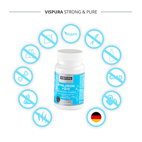 VISPURA® Ácido Hialurónico Puro + Coenzimas Q10, Alto Concentrado Cápsulas Vegano para una Cura de 2 Meses, Tamaño Molecular 500-700 kDa, sin Aditivos Innecesarios, Calidad Alemana