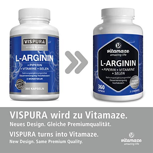 VISPURA® Cápsulas de L-Arginina, Altamente Concentrada, 360 Comprimidos con Fórmula Vital B6, B12 + Ácido Fólico + Selenio y Piperina para 3 Meses, sin Aditivos Innecesarios, Calidad Alemana