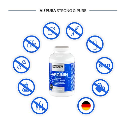 VISPURA® Cápsulas de L-Arginina, Altamente Concentrada, 360 Comprimidos con Fórmula Vital B6, B12 + Ácido Fólico + Selenio y Piperina para 3 Meses, sin Aditivos Innecesarios, Calidad Alemana