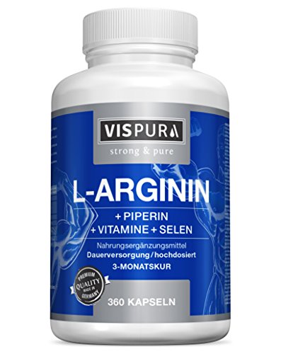 VISPURA® Cápsulas de L-Arginina, Altamente Concentrada, 360 Comprimidos con Fórmula Vital B6, B12 + Ácido Fólico + Selenio y Piperina para 3 Meses, sin Aditivos Innecesarios, Calidad Alemana