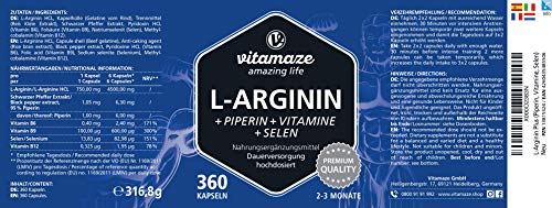 VISPURA® Cápsulas de L-Arginina, Altamente Concentrada, 360 Comprimidos con Fórmula Vital B6, B12 + Ácido Fólico + Selenio y Piperina para 3 Meses, sin Aditivos Innecesarios, Calidad Alemana