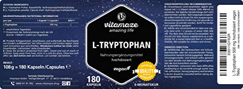 Vitamaze® L-Triptófano Pura 500mg por Cápsula, 180 Cápsulas Vegano por 6 Meses, Aminoácido Esencial Puro Naturalmente Fermentado, sin Aditivos Innecesarios, Calidad Alemana