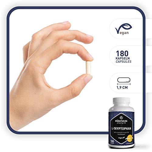 Vitamaze® L-Triptófano Pura 500mg por Cápsula, 180 Cápsulas Vegano por 6 Meses, Aminoácido Esencial Puro Naturalmente Fermentado, sin Aditivos Innecesarios, Calidad Alemana