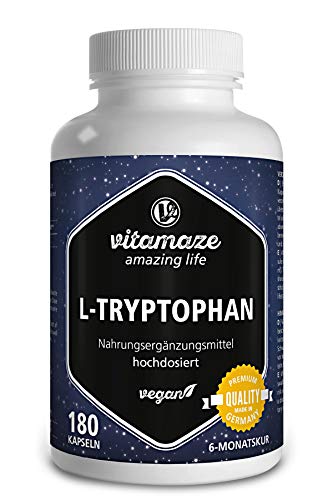 Vitamaze® L-Triptófano Pura 500mg por Cápsula, 180 Cápsulas Vegano por 6 Meses, Aminoácido Esencial Puro Naturalmente Fermentado, sin Aditivos Innecesarios, Calidad Alemana