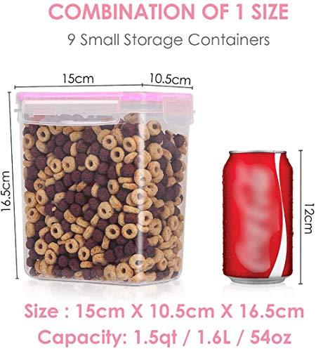 Vtopmart 1.6L Recipientes para Cereales Almacenamiento de Alimentos, Jarras de Almacenamiento de Plástico con Tapa Hermética Sin BPA,Juego de 9 + 24 Etiquetas, para harina,café (Rosado)