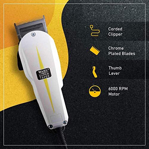 Wahl Super Taper - Maquina cortapelos, cuchillas cromadas, con accesorios, corriente alterna, blanco