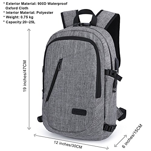 WAWJ Mochila antirrobo Impermeable, Mochila para portátil Multiusos Daypacks con Puerto de Carga USB (Gris)