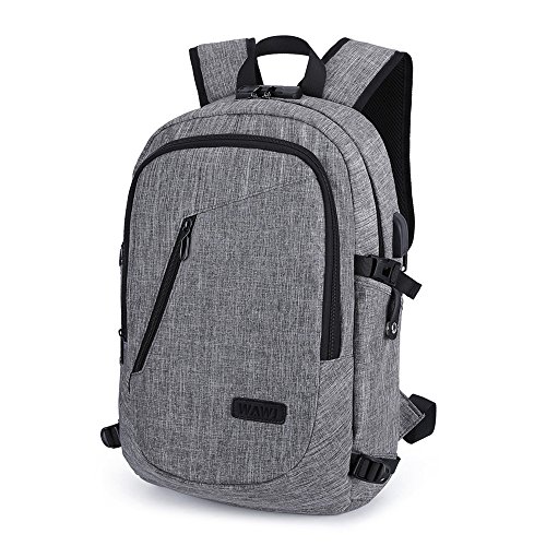 WAWJ Mochila antirrobo Impermeable, Mochila para portátil Multiusos Daypacks con Puerto de Carga USB (Gris)