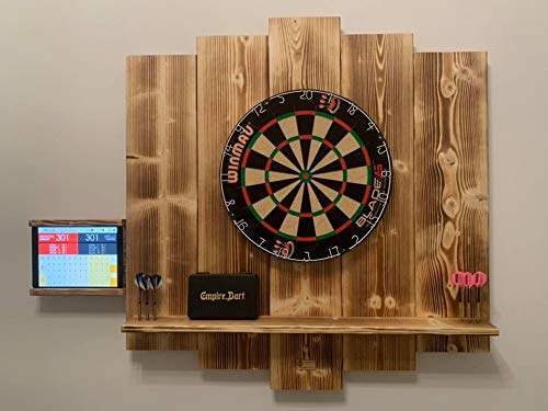 WDS Darts Sports Wooden Dartboard Surround - Protector de pared para diana y soporte para tablet, Aspecto quemado (flameado)., Universell: Tablets bis 10 Zoll