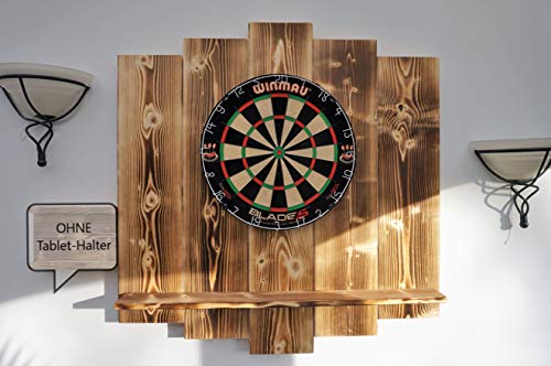 WDS Darts Sports Wooden Dartboard Surround - Protector de pared para diana y soporte para tablet, Aspecto quemado (flameado)., Universell: Tablets bis 10 Zoll