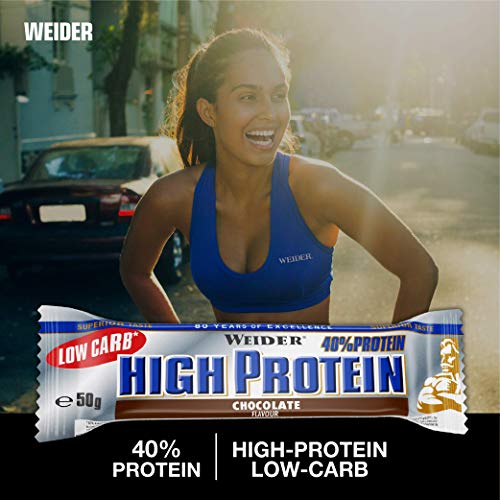 Weider 40% Protein Low Carb. Barrita alto contenido en proteínas sin hidratos de carbono. 40% de proteínas por barrita. Sabor cacahuete-caramelo (24 x 50 g)