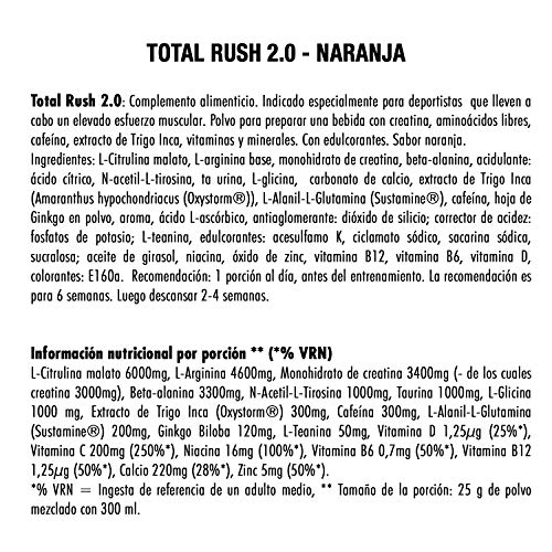 Weider Total Rush 2.0 Sabor Naranja. Fórmula con 6g de Citrulina, Creatina, Arginina, Sustamine®, Oxystorm®, Beta-Alanina, extra de cafeína. Baja en carbohidratos (375 g)