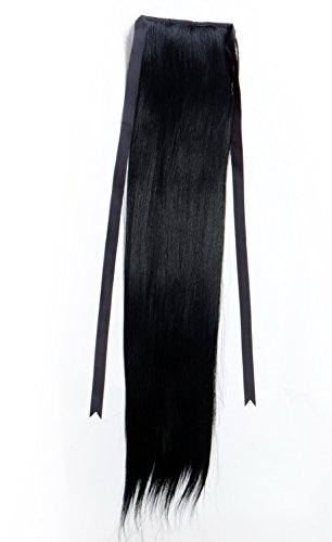 WIG ME UP-C9429-1 Cola postiza, cinta para el pelo negro, liso, clip 60 cms