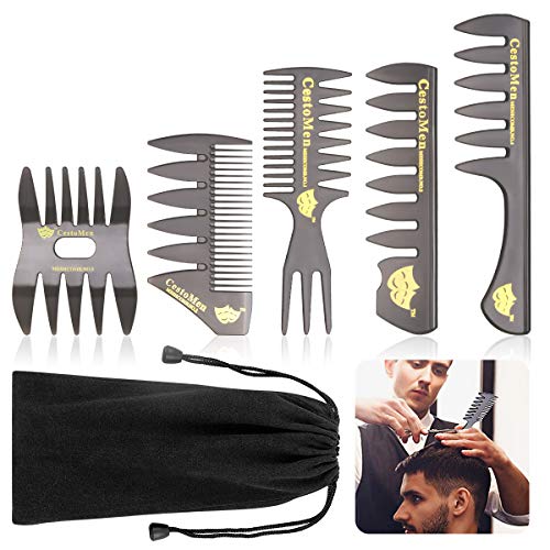 Wisolt 5 Piezas Peines de Peluqueria Profesional Hombre Set de Peines Dientes Anchos Horquilla Peine de Peluquería Barberos Peines para bigotes y peinados