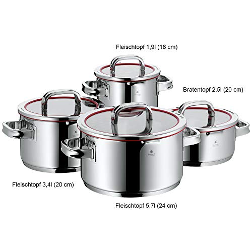 WMF Function 4 - Batería de Cocina, 4 Piezas Acero Inoxidable, 1 Olla Grande de 5.7 L, 1 Olla Mediana de 3.3 L, 1 Olla Pequeña de 1.9 L y 1 Cacerola de 3.4 L, Apta para Todo Tipo de Cocinas