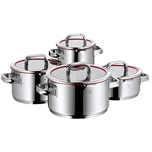 WMF Function 4 - Batería de Cocina, 4 Piezas Acero Inoxidable, 1 Olla Grande de 5.7 L, 1 Olla Mediana de 3.3 L, 1 Olla Pequeña de 1.9 L y 1 Cacerola de 3.4 L, Apta para Todo Tipo de Cocinas