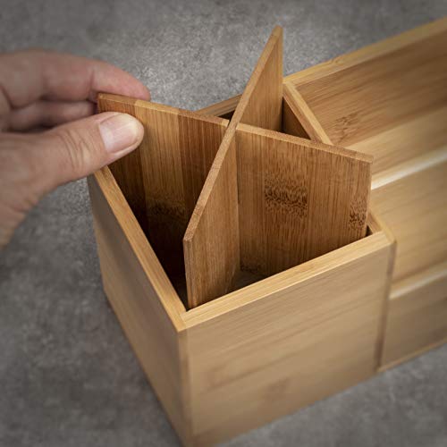 Woodluv - Organizador de escritorio de bambú para herramientas de maquillaje, bolígrafo, organizador de tarjetas de visita, 22 x 10,5 x 12,2 cm