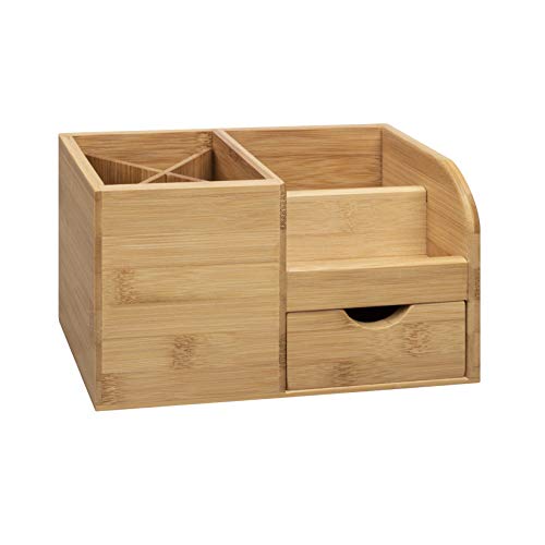 Woodluv - Organizador de escritorio de bambú para herramientas de maquillaje, bolígrafo, organizador de tarjetas de visita, 22 x 10,5 x 12,2 cm