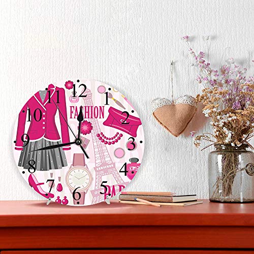 Yaoni Silencioso Wall Clock Decoración de hogar de Reloj de Redondo,Moda, Tema de Moda en París con atuendos Vestido Reloj Monedero Perfume Parisienne Landmark,para Hogar, Sala de Estar, el Aula