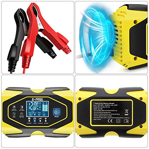 YDBAO Cargador de Baterías Coche Moto 6A 12V/24V con Múltiples Protecciones Automático Inteligente Mantenimiento Pantalla LCD para Batería de Litio Plomo-ácido LiFePO4