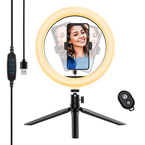 Yoozon 10" Luz de Anillo LED fotográfica de Escritorio, 3 Color 10 Brillo, Trípode con Soporte Giratorio de teléfono para Transmisión en Vivo, Selfie, Maquillaje, Videoconferencia, Youtube, TikTok