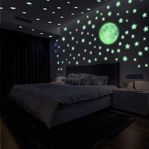 Yosemy Luminoso Pegatinas de Pared Luna y Estrellas, Fluorescente Decoración de Pared para Dormitorio de Niños, DIY Decoración de la Habitación para Chico Niña Bebé, Casa Interior Mural, 222 Pzas