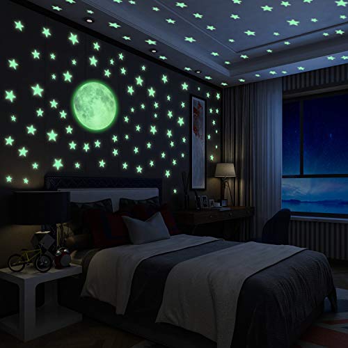 Yosemy Luminoso Pegatinas de Pared Luna y Estrellas, Fluorescente Decoración de Pared para Dormitorio de Niños, DIY Decoración de la Habitación para Chico Niña Bebé, Casa Interior Mural, 222 Pzas