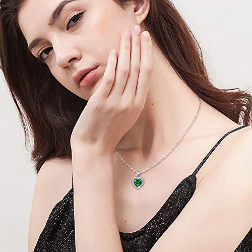 Yumilok Collar de Esmeralda de Plata Esterlina 925 Cristal Verde Sintético en Forma de Corazón Collar de Corazón Circón Adornado Aniversario para Mujer Niña