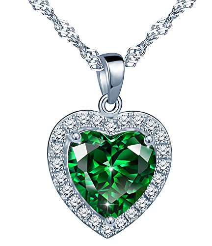 Yumilok Collar de Esmeralda de Plata Esterlina 925 Cristal Verde Sintético en Forma de Corazón Collar de Corazón Circón Adornado Aniversario para Mujer Niña