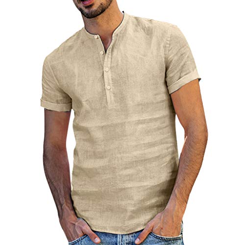 Yvelands Hombres Baggy algodón de Lino Manga Corta Retro Camisetas Tops Blusa Cómodo y Transpirable(Caqui,M)