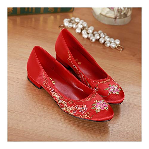 YXCUIDP Tacones Rojos de Novia Estilo Chino bajo Superficiales de Las Mujeres Zapatos de la Boca Bordados Zapatos clásicos Individuales Primavera/otoño (Color : Red, Shoe Size : 7)