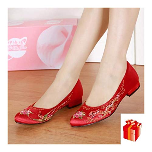 YXCUIDP Tacones Rojos de Novia Estilo Chino bajo Superficiales de Las Mujeres Zapatos de la Boca Bordados Zapatos clásicos Individuales Primavera/otoño (Color : Red, Shoe Size : 7)