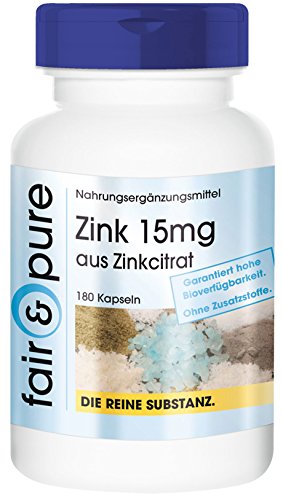 Zinc 15mg - Suplemento de Citrato de Zinc - Vegano - Alta pureza - 180 Cápsulas