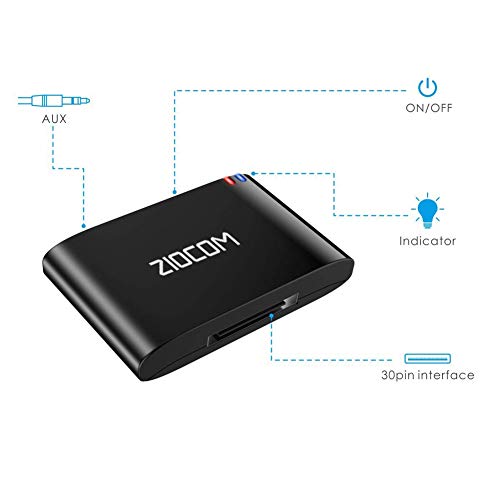 ZIOCOM [actualizado] Receptor Adaptador Bluetooth de 30 Pines para iPhone, iPod Bose SoundDock y Otros Altavoces de Base de 30 Pines con Cable Auxiliar de 3,5 mm (no para automóvil), Negro