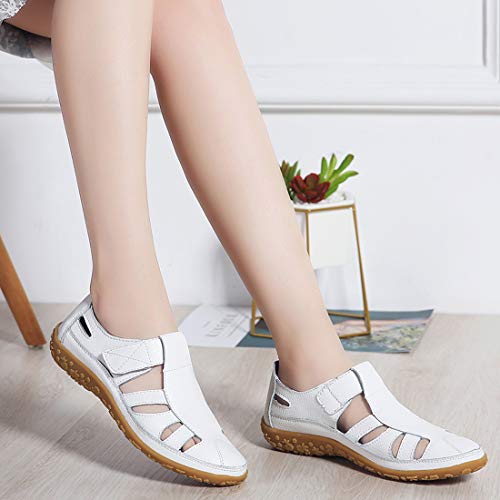 Z.SUO Sandalias Mujer de Cuero Planas Cómodos Casual Mocasines Loafers Moda Zapatos Plano Verano Sandalias y Chanclas(40 EU,A Blanco)