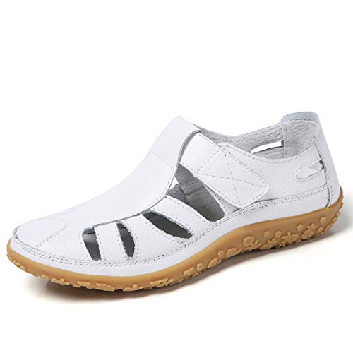 Z.SUO Sandalias Mujer de Cuero Planas Cómodos Casual Mocasines Loafers Moda Zapatos Plano Verano Sandalias y Chanclas(40 EU,A Blanco)