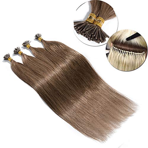 0.5g*100 hebras Extensiones queratina I tip Pre Bonded Cabello Natural Micro Ring Indetectable Liso Largo Se Ve Natural- 45cm, 50g, 06 Marrón Claro