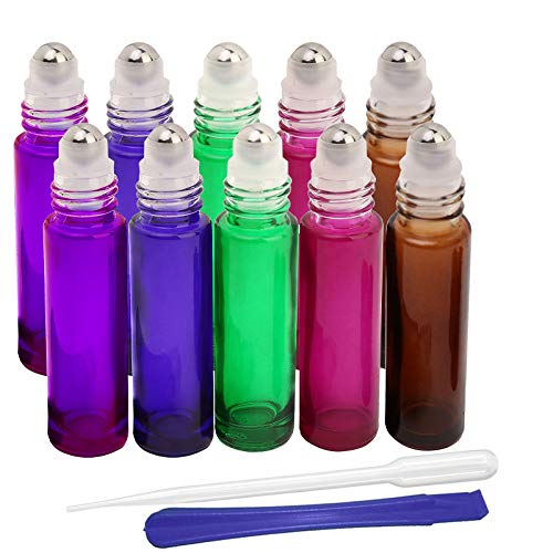 10 botellas de vidrio con rodillo de 10 ml, JHD recargables para aceites esenciales, aromaterapia, fragancia, con abrebotellas y cuentagotas, ideal para uso doméstico y de viaje (5 colores)